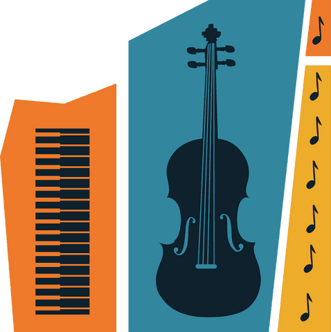 Colorful Flat Design of Violin with Piano Keys and Music Notes