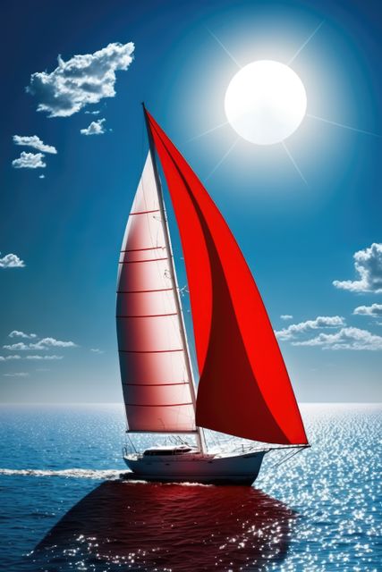 Image of red sailing boat on sea over sun and blue sky, created using generative ai technology. Transport, travel and boat, digitally generated image.