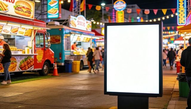 Illuminated blank billboard displaying white panel night market food truck neon lights