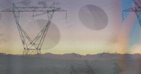Data Processing Overlay on High Voltage Pylons at Sunset - Download Free Stock Images Pikwizard.com
