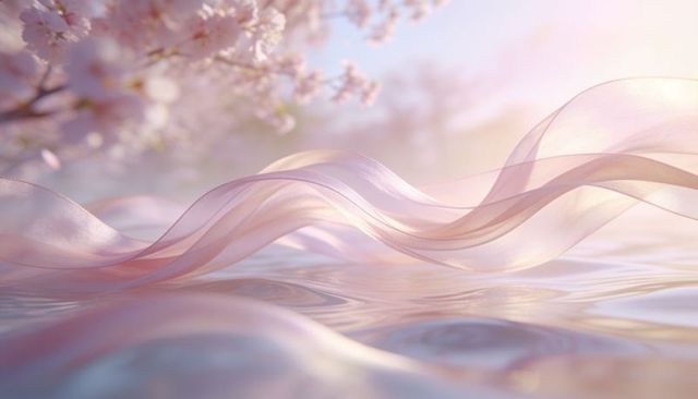 Floating translucent ribbons drifting over calm water under cherry blossoms