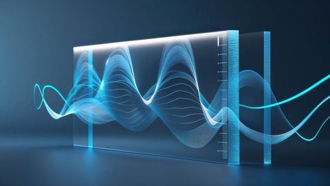 Futuristic neon blue waveform on transparent glass panel, seismograph concept