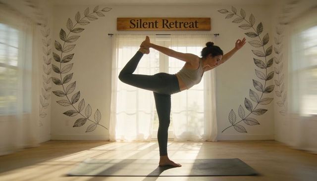 Practicing dancer pose during silent retreat yoga in sunlit minimalist studio
