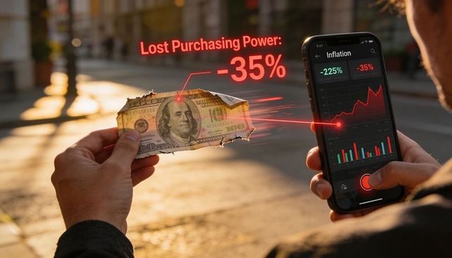 Man holding torn us 100 dollar bill and smartphone displaying -35% inflation ar overlay