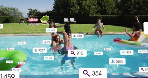 Young adults enjoying summer pool party with floating social media notification badges