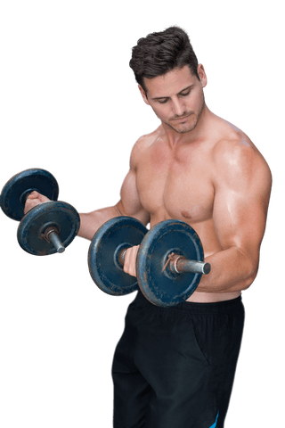 Shirtless man lifting dumbbells transparent background