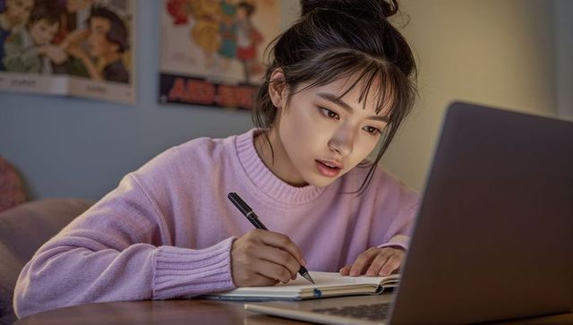 Focused Young Woman Studying with Laptop in Cozy Bedroom Environment