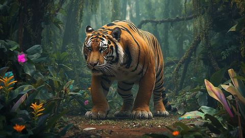 Bengal tiger stalking through misty tropical rainforest on leaf-strewn path with orchids