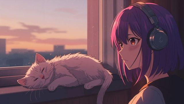 Teen Girl Listening Music Headphones Cat Evening Window City