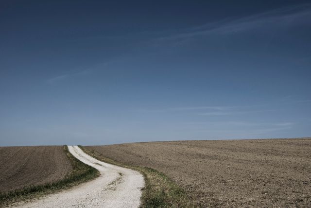 Winding Dirt Road Through Empty Farmland Under Clear Blue Sky - Download Free Stock Photos Pikwizard.com