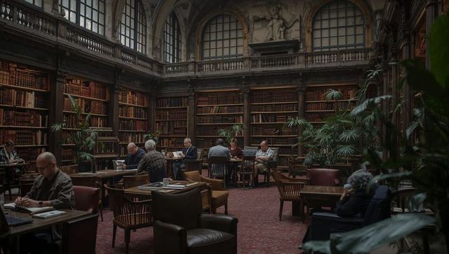 Historic reading room with readers studying and typing amid ornate bookshelves and balcony