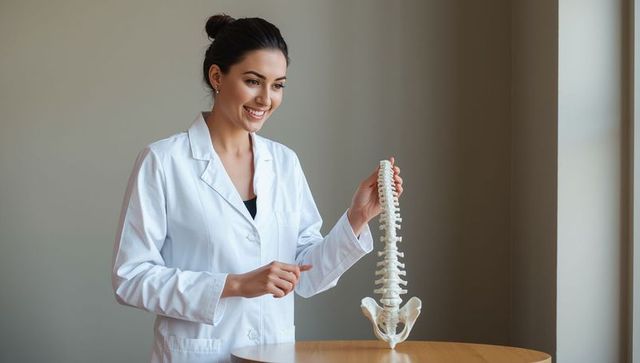 Doctor demonstrating human spine model in clinical setting