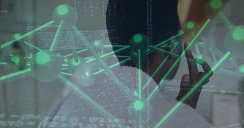 Woman using smartphone with neon molecular network overlay and code visualization in lab