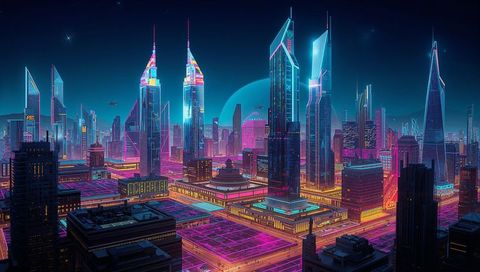 Glowing neon cyberpunk metropolis with futuristic skyscrapers and magenta grid nightscape