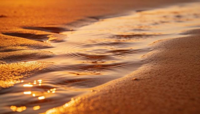 Golden tidal channel shimmering through wet and dry sand at sunset with rippled reflections