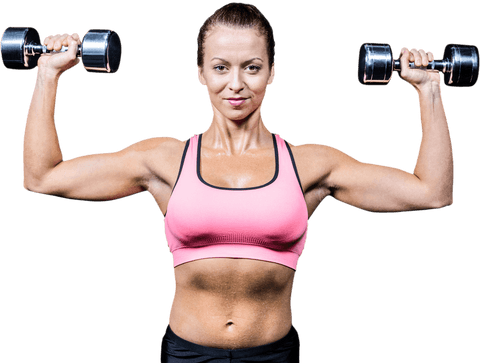 Smiling woman lifting dumbbells on black transparent background