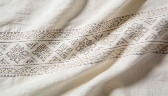 Cream embroidered linen panel featuring horizontal geometric floral band on soft bedspread