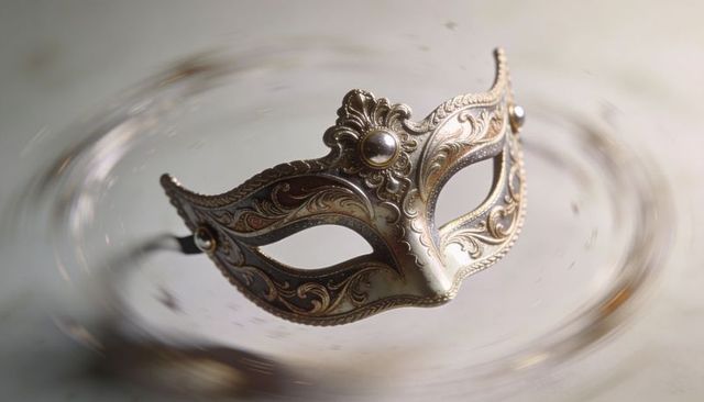 Ornate venetian masquerade mask with baroque filigree and pearl studs on reflective surface