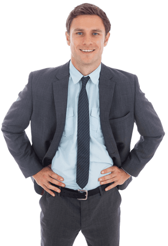 Confident Transparent Businessman in Suit with Hands on Hips