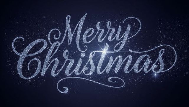 Sparkling merry christmas script in silver glitter with elegant flourishes, light flares