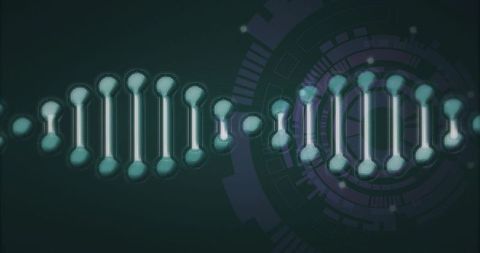 Futuristic dna helix crossing circular hud overlay, pulsing neon streams on teal field