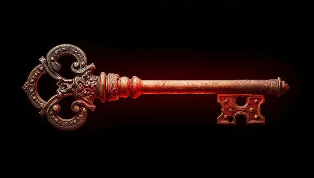 Glowing ornate antique skeleton key with red underglow on black background, brass patina