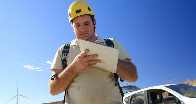 Engineer Wearing Safety Gear Writing Notes on Digital Tablet Outdoors - Download Free Stock Images Pikwizard.com