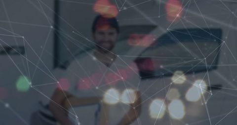 Musician in Studio with Digital Network Overlay and Energetic Bokeh