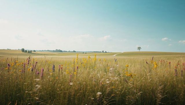 Blooming wildflower meadow with winding trail and solitary tree under blue summer sky