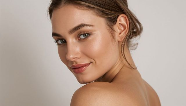 Glowing natural beauty looking over shoulder bare shoulders minimalist studio portrait