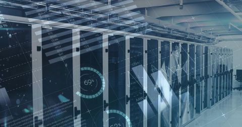 Modern data center server racks with digital overlay technology