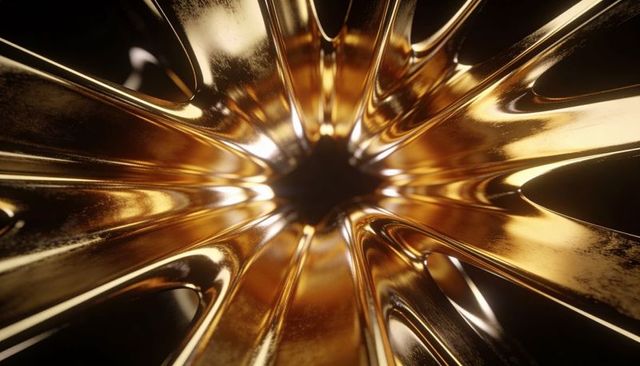 Golden radial sculpture with reflective petal spokes - luxurious abstract starburst