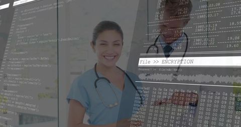 Smiling Nurse with Stethoscope Overlaid with Digital Code in Medical Setting