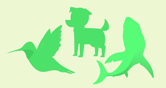 Illustration of green bird, dog and fish on white background. Cartoon, computer graphics, vector, world animal day, environmental conservation, pet and animal.