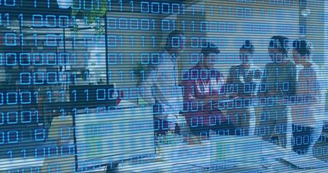 Business Team Discussing Data Security and Collaboration with Binary Code Overlay