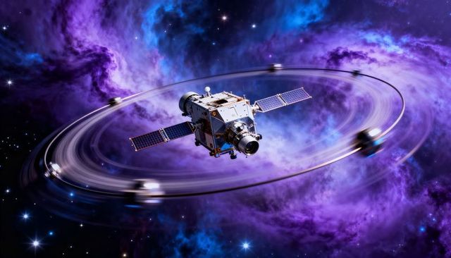 Futuristic space probe orbiting purple nebula with rotating orbital ring and solar arrays