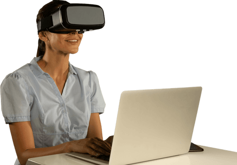 Woman Wearing Virtual Reality Headset Working on Laptop Transparent Background - Download Free Stock Videos Pikwizard.com