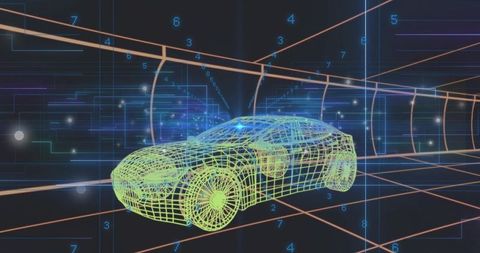 Rotating Neon Wireframe Sedan Floating Inside Virtual Tunnel with Numeric Overlays