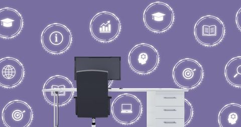 Modern office desk with futuristic digital interface icons on background