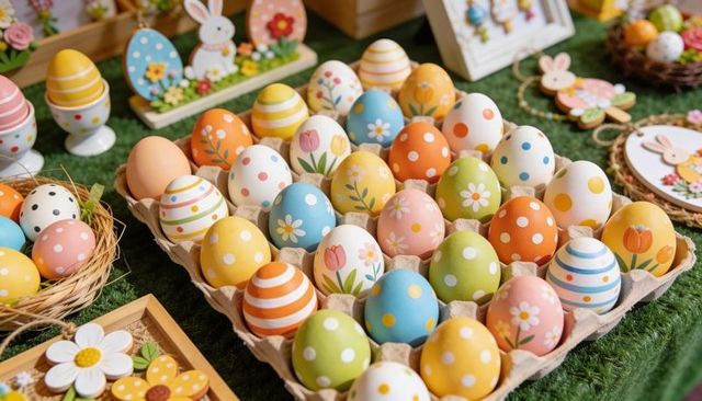 Handpainted Pastel Easter Eggs with Floral and Polka Dot Designs in Rustic Carton Display