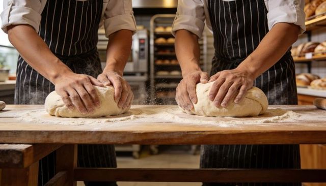 Two bakers kneading dough on wooden bench flour-dusted aprons crafting artisan bread