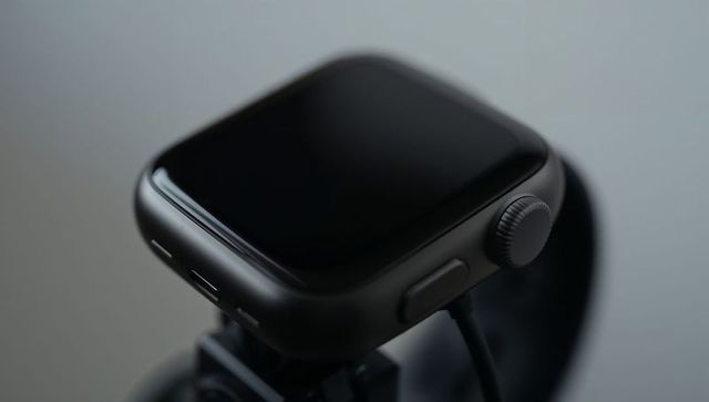 Matte black smartwatch charging on dock showing digital crown and smooth display