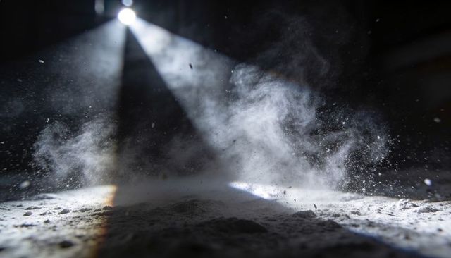 Spotlight cutting through dust plume over powdered surface creating abstract light texture