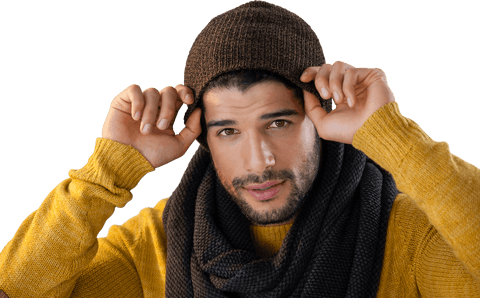 Stylish Man Adjusting Wool Hat on Transparent Background
