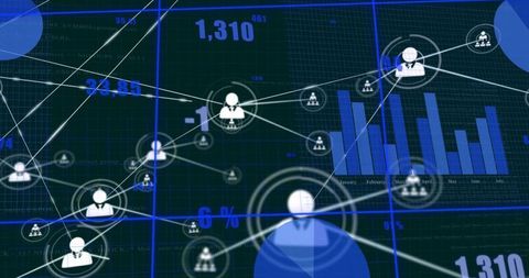 Pulsing network hub connecting business nodes, charts and metrics on digital analytics grid