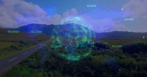 Futuristic Holographic Globe Over Remote Moorland Landscape