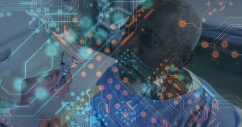 Clinician examining elderly black male ear with otoscope and digital network overlay