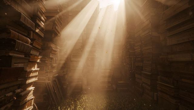 Sunlit book tunnel illuminating dust motes and overgrown grass in stacked library archive
