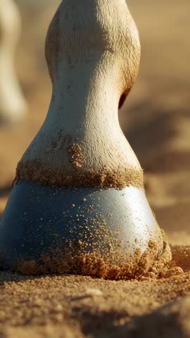 Vertical slow motion horse hoof kicking sand and spraying granules at golden hour