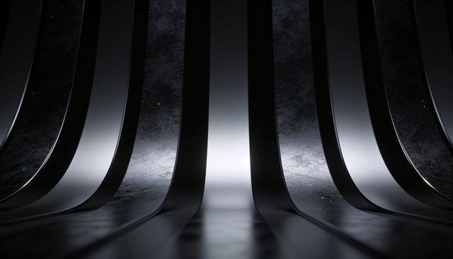 Futuristic curved metal slats leading to central light with reflective monochrome texture